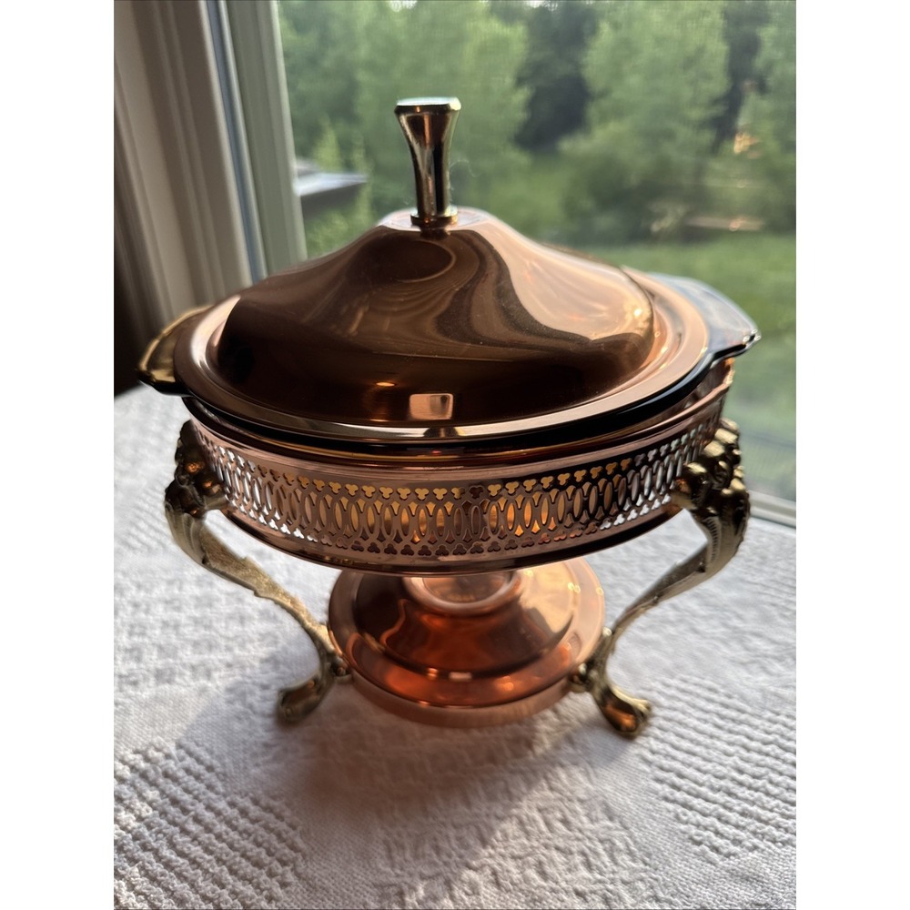VTG Leonard Co Copper & Brass Chafing Dish Buffet Server Warmer Glass Insert USA